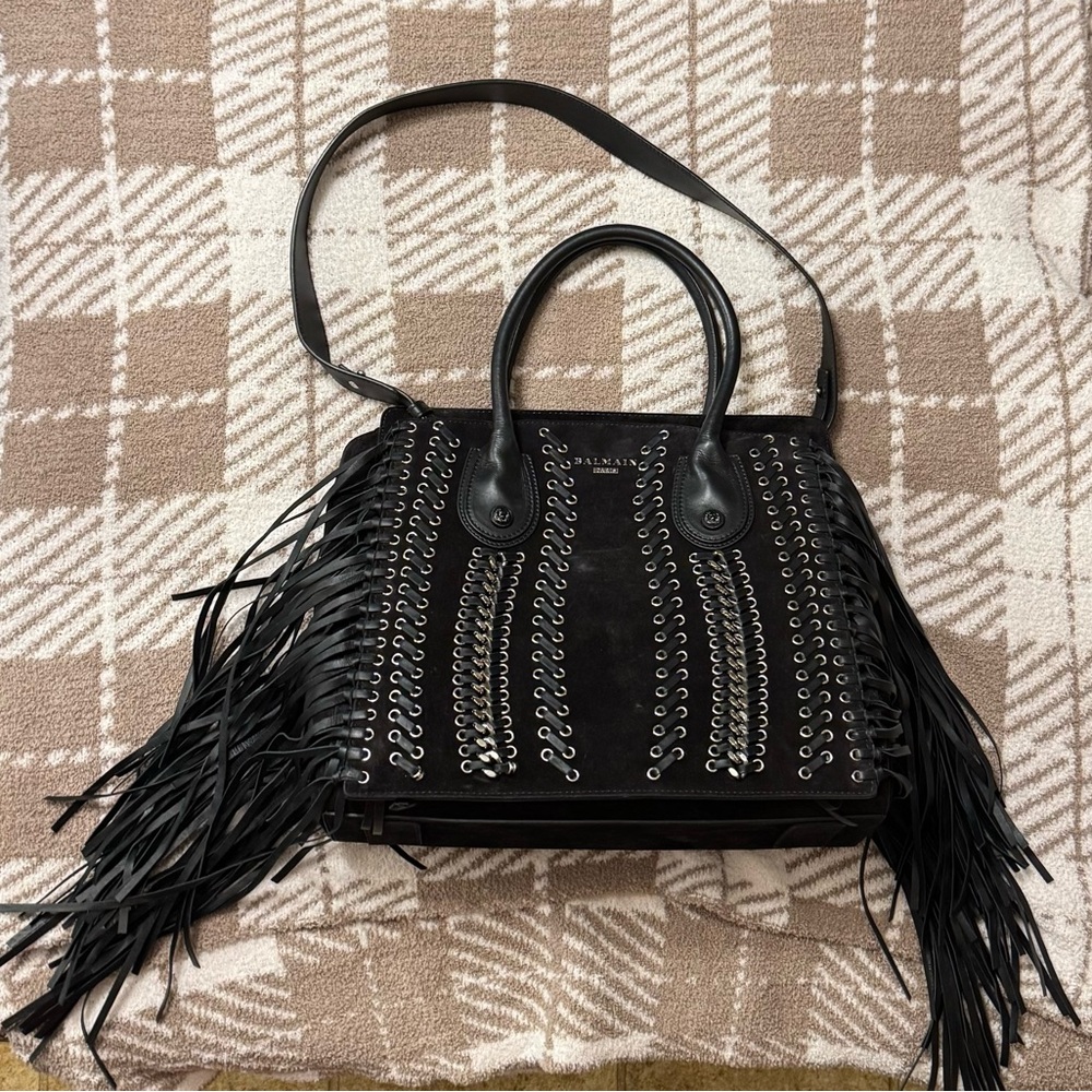 Balmain Black Suede Shoulder Bag with Fringe